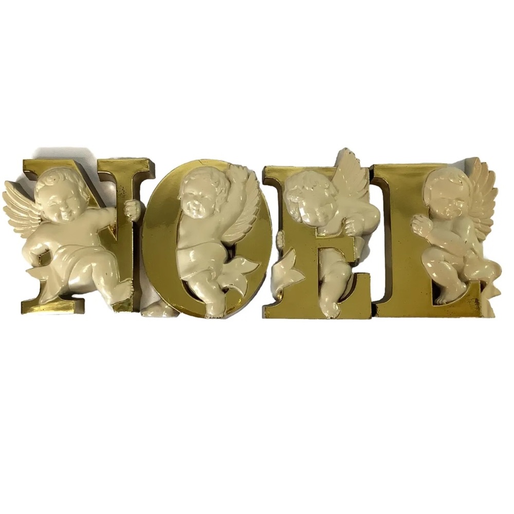Vintage Christmas Noel Plastic Letters Gold Cherub Angels Burwood Products 4 Pc